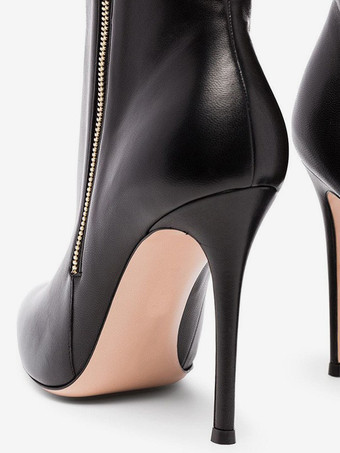 ブラック ポインテッドトゥ アンクルブーツ ジップアップ ハイヒール ブーティ レディース