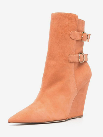 スエード ウェッジ アンクルブーツ ポインテッドトゥ バックルディテール ブーティ