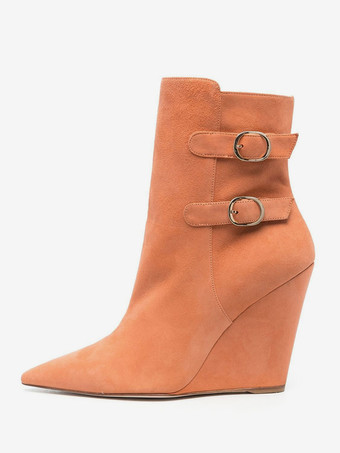 オレンジスエード ウェッジ アンクルブーツ ポインテッドトゥ バックルディテール ブーティ