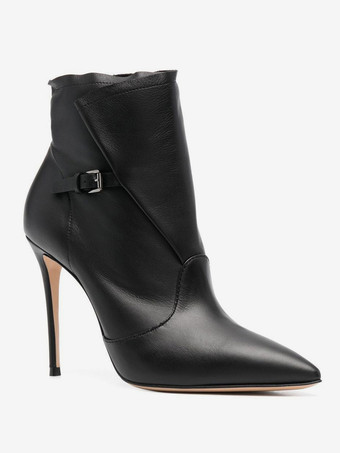 ブラウンのハイヒールブーツ、つま先が尖ったデザインのバックルディテールアンクルブーツ