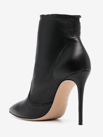 ブラウンのハイヒールブーツ、つま先が尖ったデザインのバックルディテールアンクルブーツ