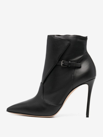 ブラック ブラウンのハイヒールブーツ、つま先が尖ったデザインのバックルディテールアンクルブーツ