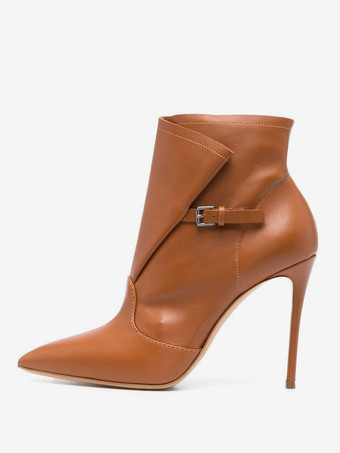 ブラウンのハイヒールブーツ、つま先が尖ったデザインのバックルディテールアンクルブーツ