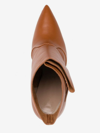 ブラウンのハイヒールブーツ、つま先が尖ったデザインのバックルディテールアンクルブーツ