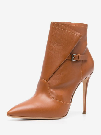 ブラウン ブラウンのハイヒールブーツ、つま先が尖ったデザインのバックルディテールアンクルブーツ