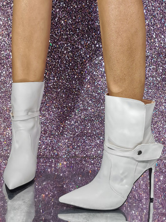 ホワイト アンクルブーツ ポインテッドトゥ バックルディテール ハイヒール ブーティ