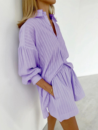 ラベンダーカラーストライプ柄ツーピースコーデ（カジュアルウェア2025）