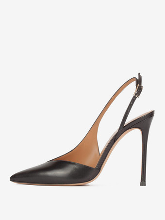 PUブラックレディース ドレスパンプス スリングバックデザイン ポインテッドトゥ ハイヒール