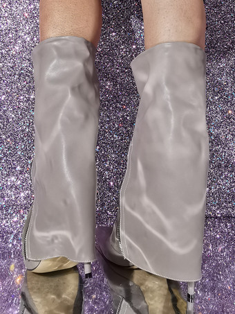 レディース フロルドオーバーブーツ プラスサイズ パッチワーク ジップアップ ハイヒールブーツ