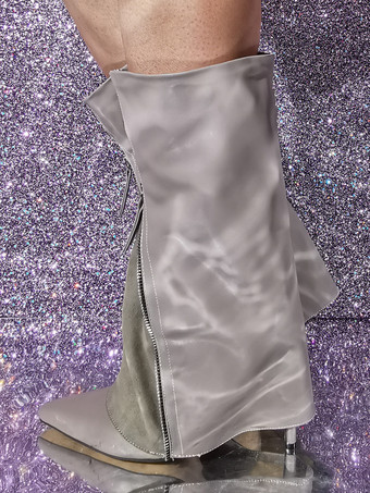 レディース フロルドオーバーブーツ プラスサイズ パッチワーク ジップアップ ハイヒールブーツ