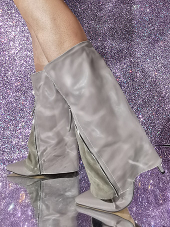 ディープアプリコットレディース フロルドオーバーブーツ プラスサイズ パッチワーク ジップアップ ハイヒールブーツ