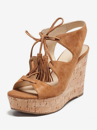 ブラウン ブラウン スエード ウェッジサンダル スリングバック レースアップ サンダル シューズ レディース