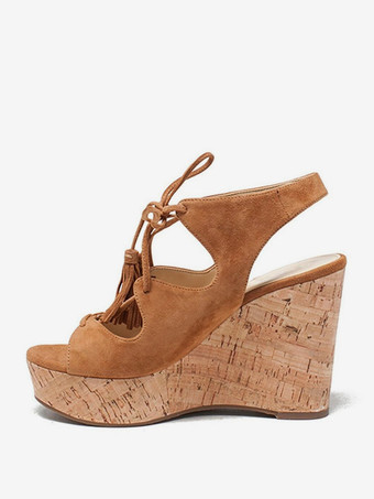 ブラウン スエード ウェッジサンダル スリングバック レースアップ サンダル シューズ レディース