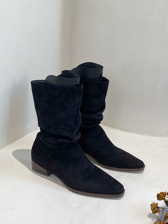 Damen Stiefeletten Khaki Wildleder Square Toe Slouch Booties