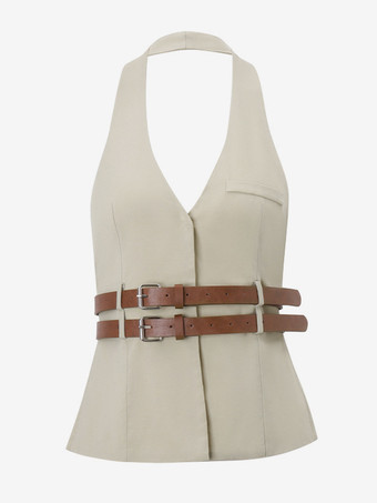 2025年夏に着たいホルターネックトップスとベルト付きミニスカートのツーピースコーデ