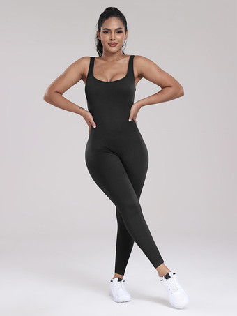 ブラック スポーティなジャンプスーツ スクープネックライン アクティブウェア 無地