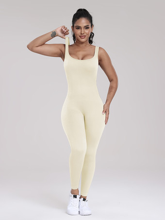 アイボリー スポーティなジャンプスーツ スクープネックライン アクティブウェア 無地