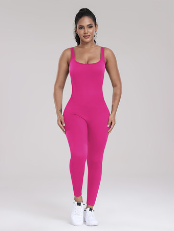 ローズレッドスポーティなジャンプスーツ スクープネックライン アクティブウェア 無地