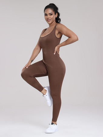 スポーティなジャンプスーツ スクープネックライン アクティブウェア 無地