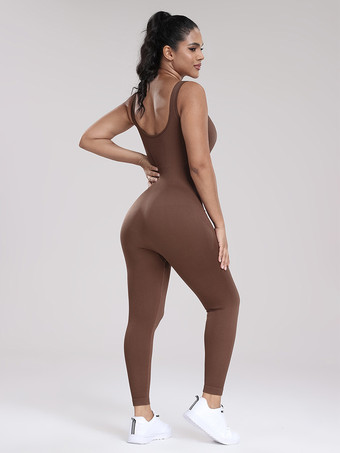 スポーティなジャンプスーツ スクープネックライン アクティブウェア 無地