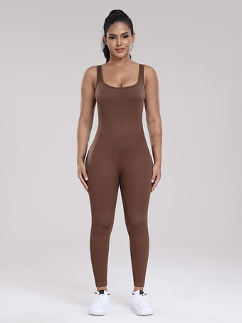 ブラウン スポーティなジャンプスーツ スクープネックライン アクティブウェア 無地