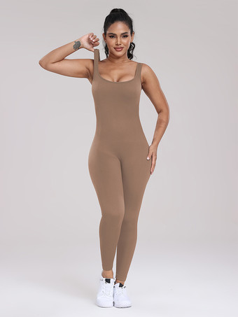 カーキ スポーティなジャンプスーツ スクープネックライン アクティブウェア 無地