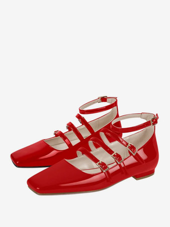 レッドブラック バレエ フラット レディース スクエアトゥ バックルディテール フラットシューズ レディース