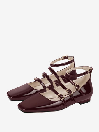 チョコレートブラック バレエ フラット レディース スクエアトゥ バックルディテール フラットシューズ レディース