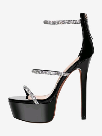 ブラック レディース セクシーヒールサンダル プラットフォーム オープントゥ ラインストーン ストラップ スティレットヒールサンダル