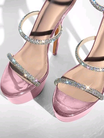 レディース セクシーヒールサンダル プラットフォーム オープントゥ ラインストーン ストラップ スティレットヒールサンダル