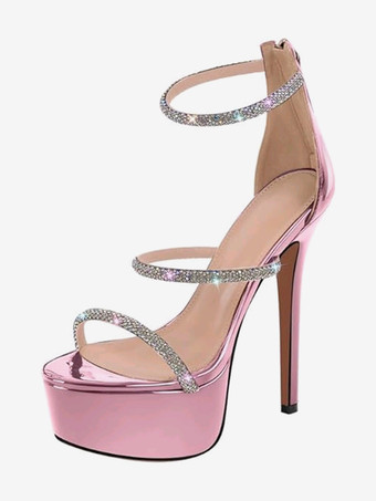 レディース セクシーヒールサンダル プラットフォーム オープントゥ ラインストーン ストラップ スティレットヒールサンダル
