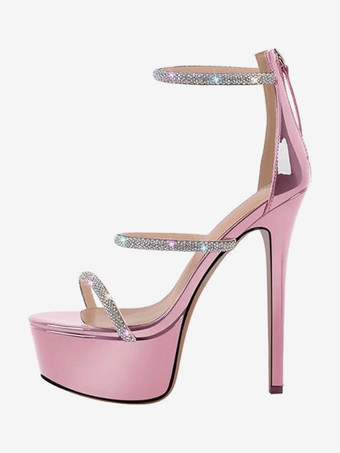 ピンク レディース セクシーヒールサンダル プラットフォーム オープントゥ ラインストーン ストラップ スティレットヒールサンダル