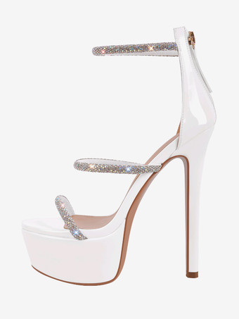 ホワイト レディース セクシーヒールサンダル プラットフォーム オープントゥ ラインストーン ストラップ スティレットヒールサンダル