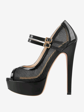 セクシーなハイヒール メッシュ ピープトゥ ストラップ 調節可能なバックル パンプス