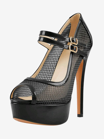 ブラックシルバーセクシーなハイヒール メッシュ ピープトゥ ストラップ 調節可能なバックル パンプス