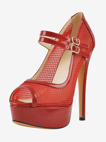 セクシーなハイヒール メッシュ ピープトゥ ストラップ 調節可能なバックル パンプス