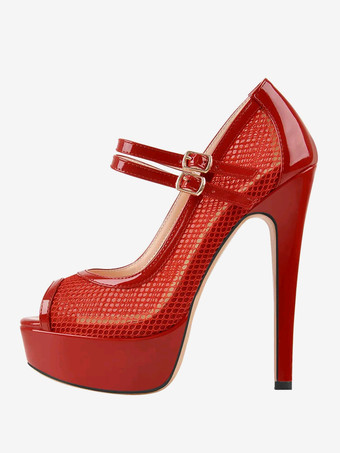 レッドセクシーなハイヒール メッシュ ピープトゥ ストラップ 調節可能なバックル パンプス