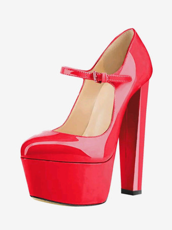 レッドレディース レッド ハイヒール パンプス セクシー プラットフォーム スカイハイ メリージェーン シューズ