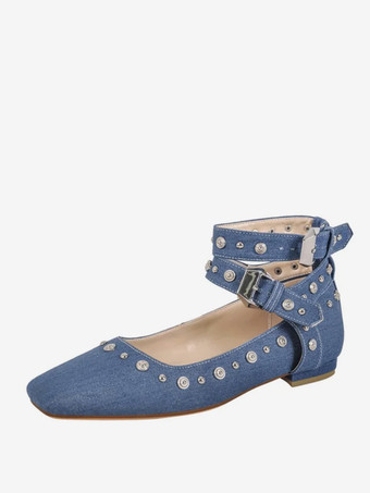 Bleu ClairEscarpins plats à clous pour femmes ballerines à bout pointu et bride à la cheville
