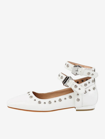 blanc Escarpins plats à clous pour femmes ballerines à bout pointu et bride à la cheville