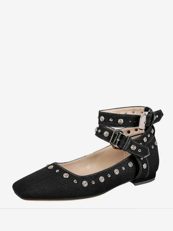 noir Escarpins plats à clous pour femmes ballerines à bout pointu et bride à la cheville