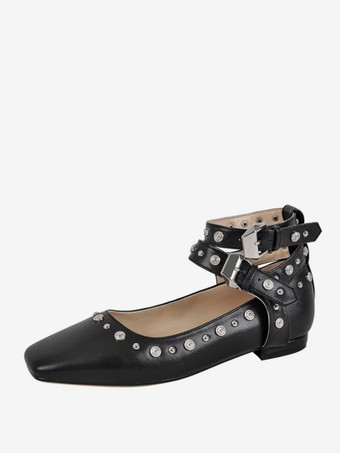 PU NoirEscarpins plats à clous pour femmes ballerines à bout pointu et bride à la cheville