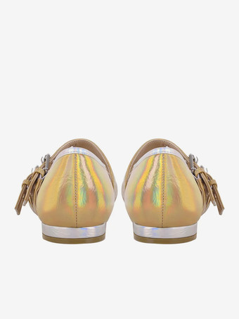 レディース バックル マルチカラー スクエアトゥ PUレザー バレエフラット