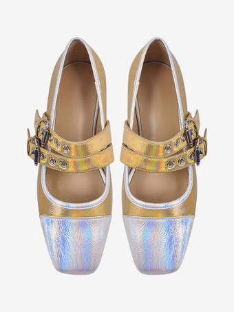 レディース バックル マルチカラー スクエアトゥ PUレザー バレエフラット