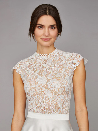 ショートウェディングドレス ティーレングス ハイカラー ショートスリーブ Aライン ナチュラルウエスト サテン生地 ショートブライダルドレス