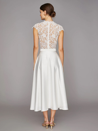 ショートウェディングドレス ティーレングス ハイカラー ショートスリーブ Aライン ナチュラルウエスト サテン生地 ショートブライダルドレス