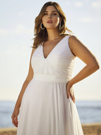 シンプルなウェディングドレス シフォン Vネック ノースリーブ サッシュ Aライン ブライダルドレス