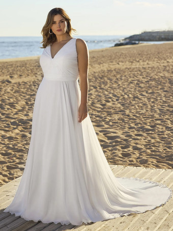 ホワイトシンプルなウェディングドレス シフォン Vネック ノースリーブ サッシュ Aライン ブライダルドレス