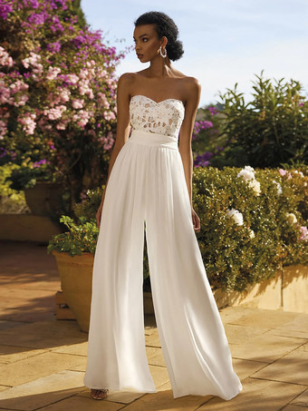 ブライダルジャンプスーツ レース フロアレングス ストラップレス ノースリーブ ナチュラルウエスト アイボリー ジャンプスーツ