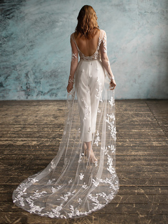 ブライダルジャンプスーツ ストレッチクレープアップリケ アンクル丈ジャンプスーツ ジュエルネック 長袖 ナチュラルウエスト アイボリー